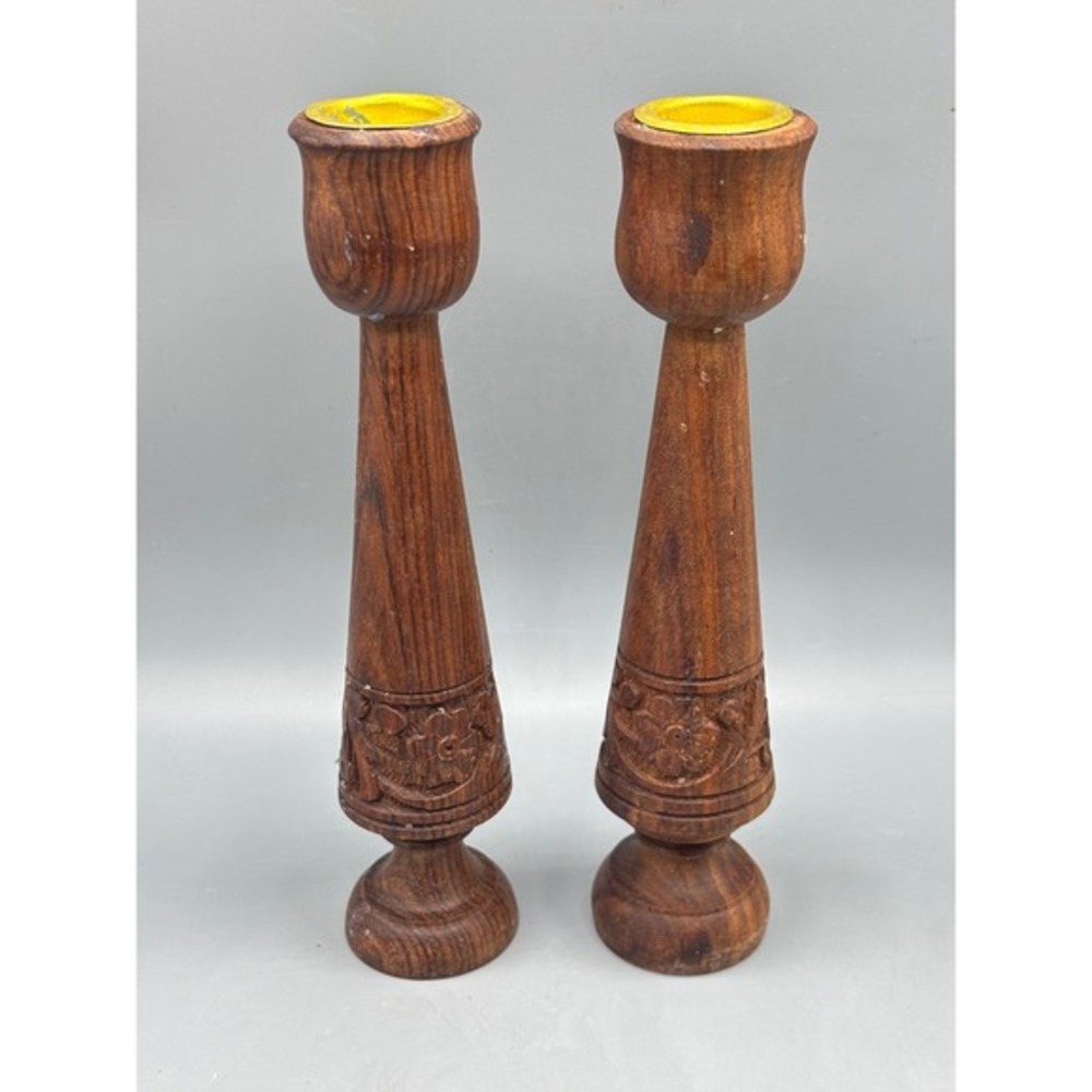 Vintage Carved‎ Wooden Candlesticks Pair Floral Design Taper Boho